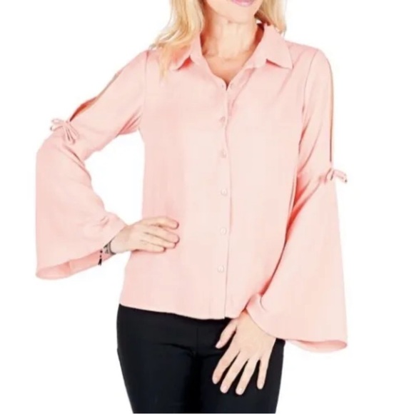 NEW Artizan Robin Barre Blue Button Up Blouse Bell Sleeve (bin 1F) - Picture 6 of 9